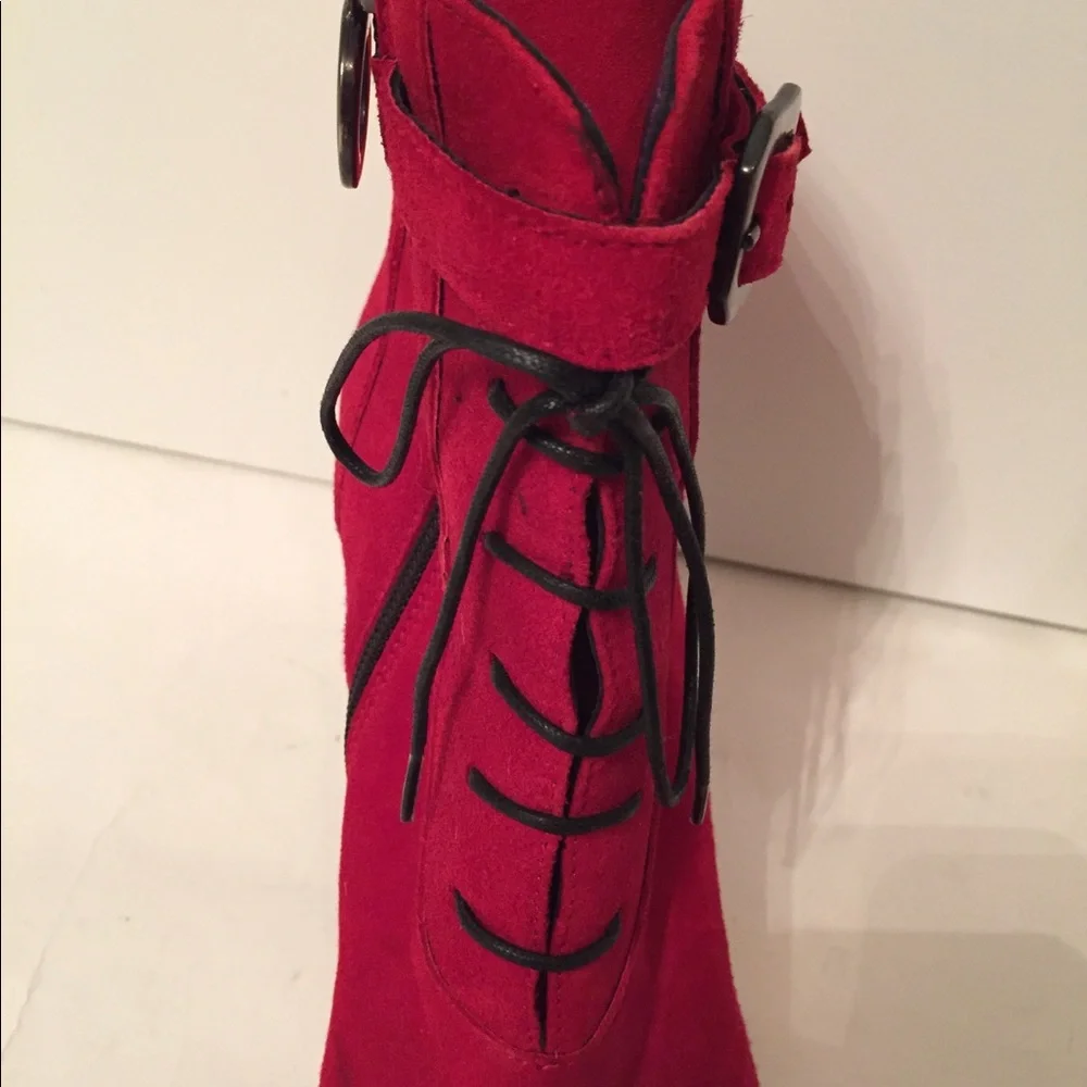 TENTAZIONE BOOTS ANKLE ZIP RED SUEDE ITALY LACE ACCENT HEELS Size 39 8.5